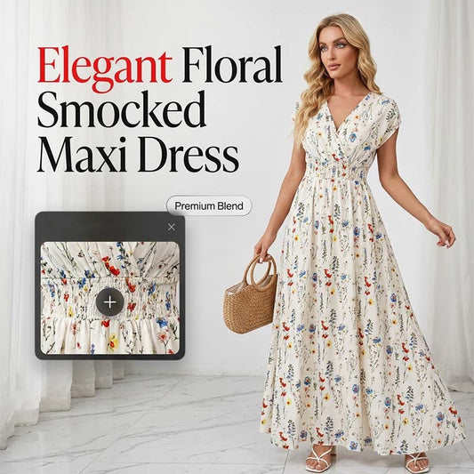 📢📢40% OFF !! ⏰Floral V-Neck Maxi Dress – Elegant Smocked Waist & Premium Fabric – Summer Essential ✨