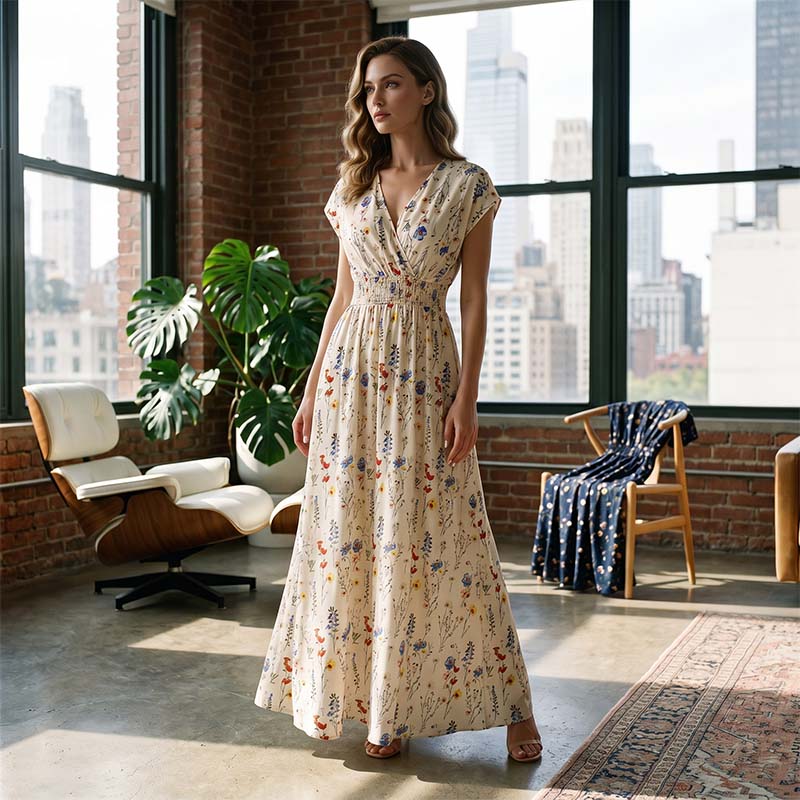 📢📢40% OFF !! ⏰Floral V-Neck Maxi Dress – Elegant Smocked Waist & Premium Fabric – Summer Essential ✨