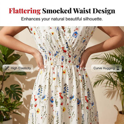 📢📢40% OFF !! ⏰Floral V-Neck Maxi Dress – Elegant Smocked Waist & Premium Fabric – Summer Essential ✨