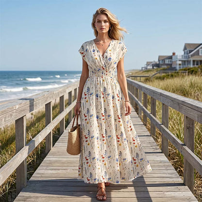 📢📢40% OFF !! ⏰Floral V-Neck Maxi Dress – Elegant Smocked Waist & Premium Fabric – Summer Essential ✨