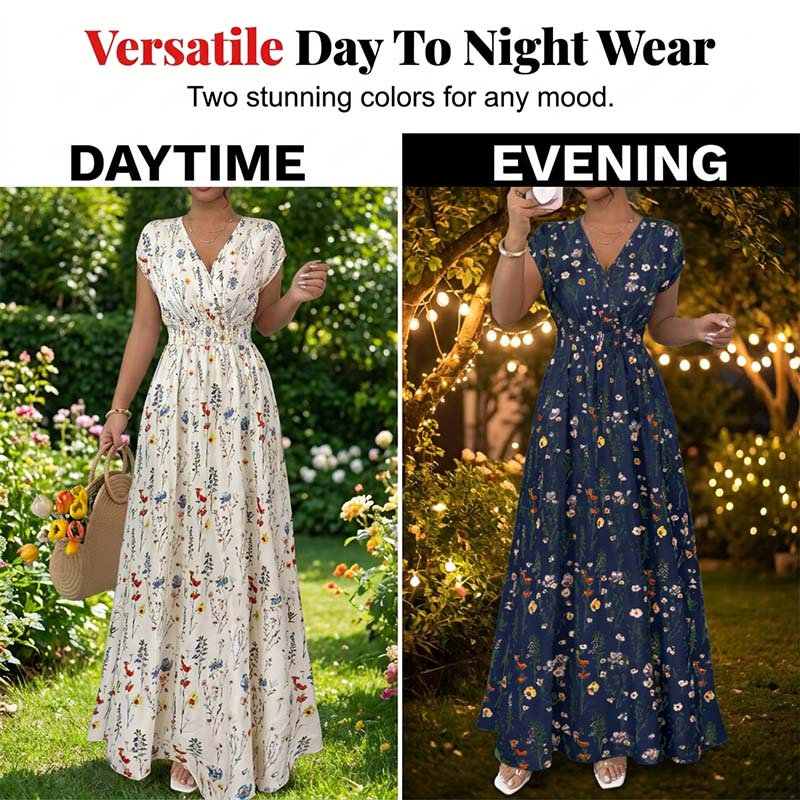 📢📢40% OFF !! ⏰Floral V-Neck Maxi Dress – Elegant Smocked Waist & Premium Fabric – Summer Essential ✨