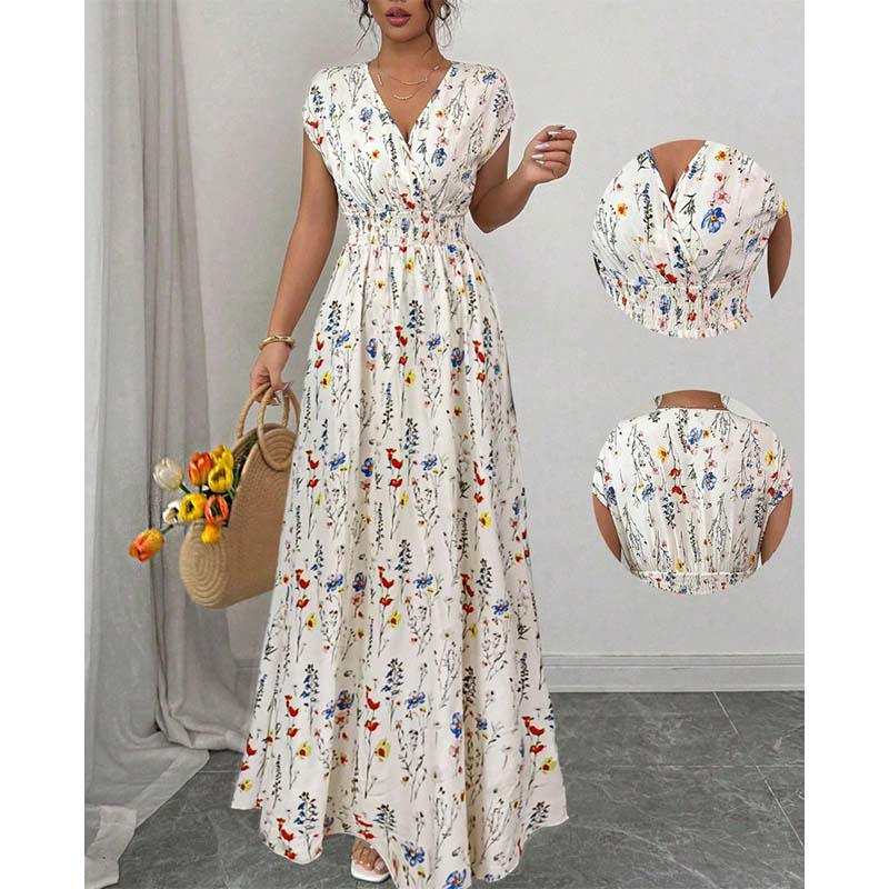 📢📢40% OFF !! ⏰Floral V-Neck Maxi Dress – Elegant Smocked Waist & Premium Fabric – Summer Essential ✨