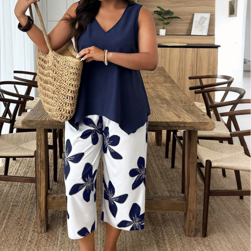 🔥New Arrivals🔥Women's Asymmetrical Top & Floral Capri Pants Set
