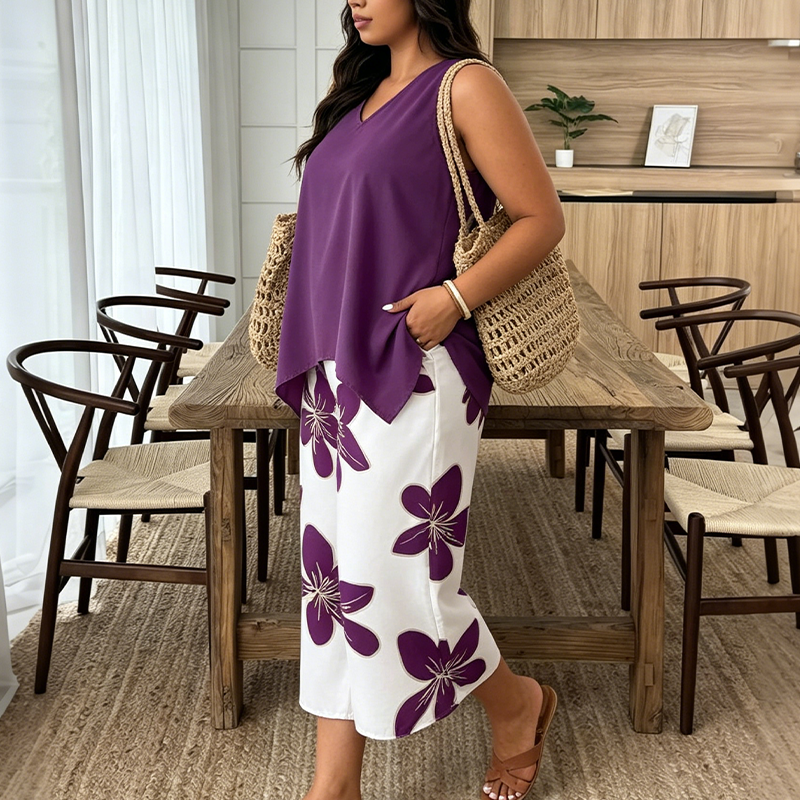 🔥New Arrivals🔥Women's Asymmetrical Top & Floral Capri Pants Set