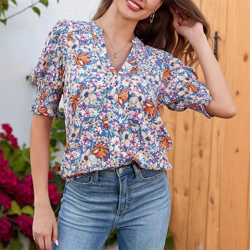 🌸Summer Hot Sale - ONLY ￡16.99!!⏰Floral V-neck Puff Sleeve Blouse For Women🌺