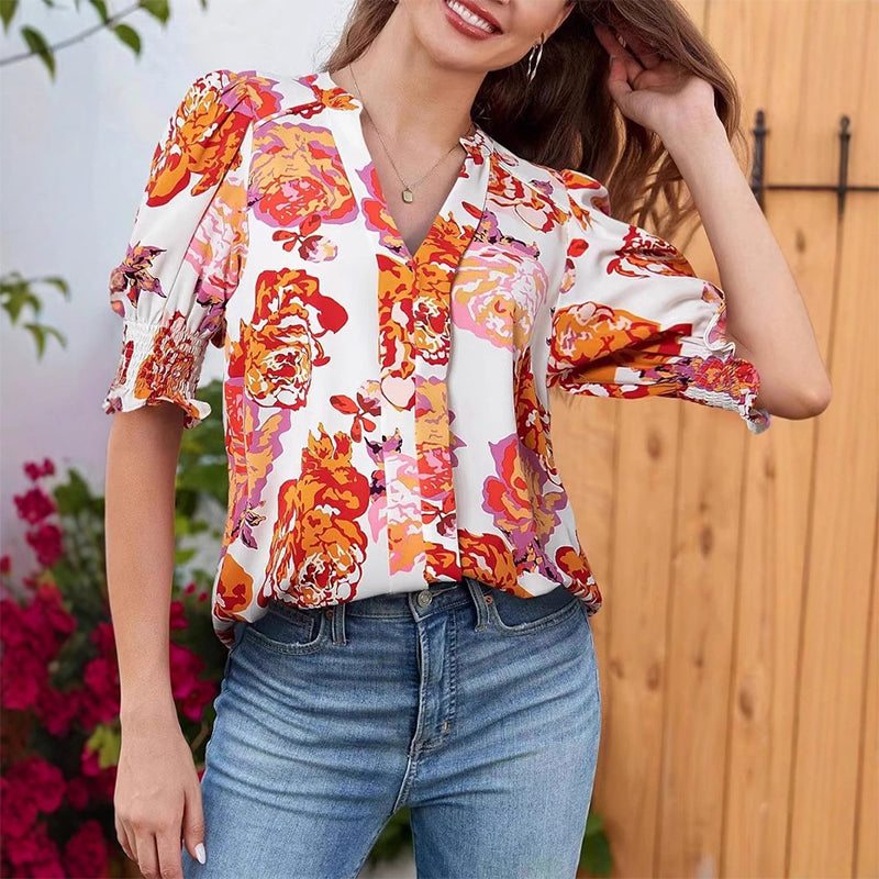 🌸Summer Hot Sale - ONLY ￡16.99!!⏰Floral V-neck Puff Sleeve Blouse For Women🌺