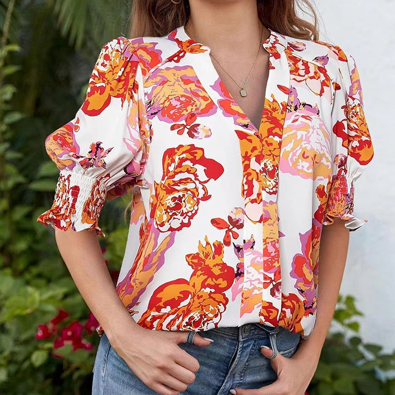 🌸Summer Hot Sale - ONLY ￡16.99!!⏰Floral V-neck Puff Sleeve Blouse For Women🌺