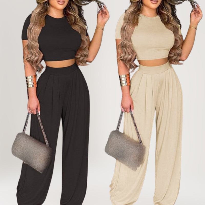 📢📢30% OFF !! ⏰ Women's Two-Piece Set – Fitted T-Shirt, Loose Pants, Casual 🌸