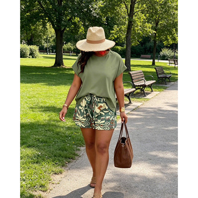 👕 LIMITED-TIME 50% OFF! ✨ Women's Plus Size 2-Piece Set – Batwing Top, Printed Shorts, Drawstring Waist 🌿