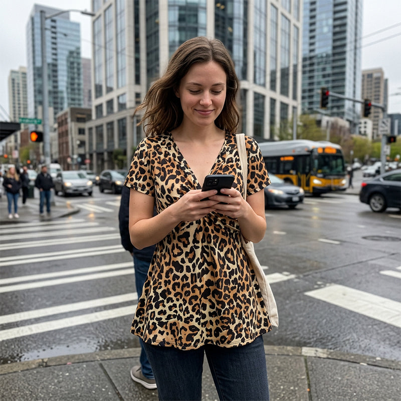 🎁2026 New Arrivals 50% OFF💥Women’s Leopard Twist-Front Top – V-Neck, Peplum Hem, Bold Print 💃