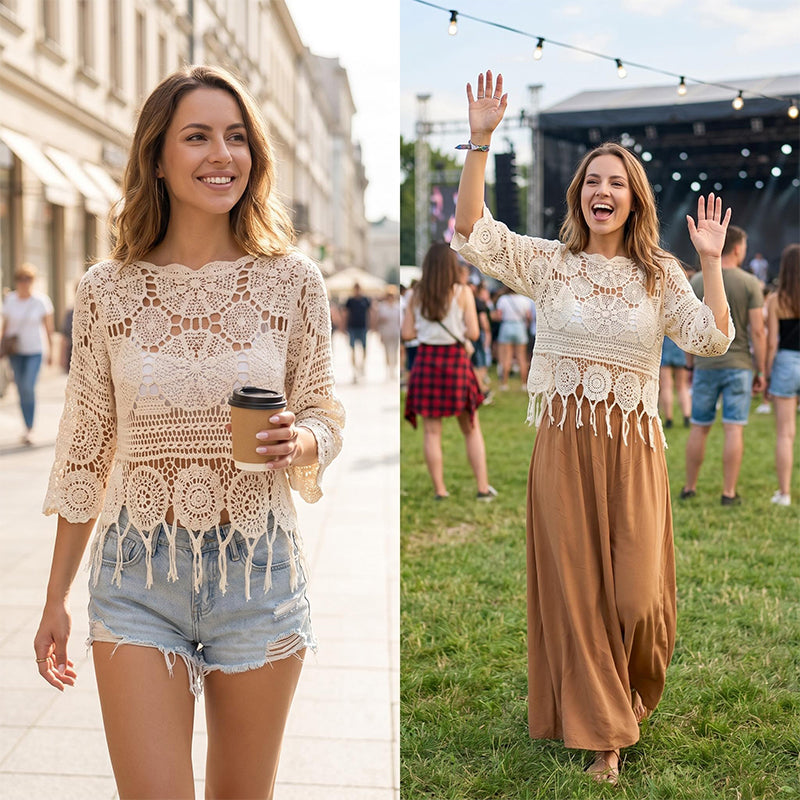 Bohemian Crochet Hollow-Out Top with Fringe Hem