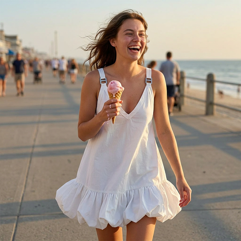 Women's V-Neck Strap Dress with Bubble Ruffle Hem