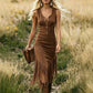 👗Retro Western Cowgirl Sleeveless Slim Midi Dress, Front Zipper Fringe Hem Vintage Suede-Look Bodycon Dress for Country Concert Vacation