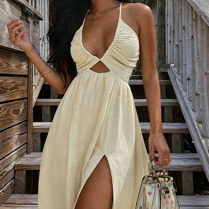 👗 LIMITED-TIME 50% OFF! ✨ Women's Summer Sexy V-Neck Maxi Dress – Deep V, Front Cutout, High Slit, Open Back ☀️