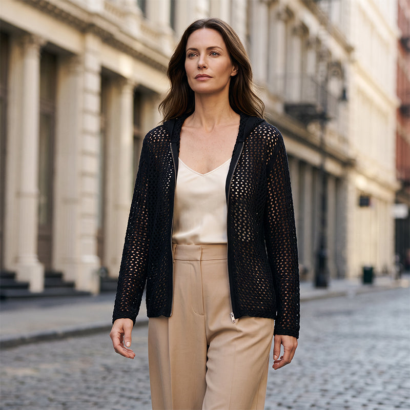 📢📢40% OFF !! ⏰2026 Women's Open-Knit Zip-Up Cardigan | Lightweight Hollow-Out Long Sleeve Sweater for Spring & Summer