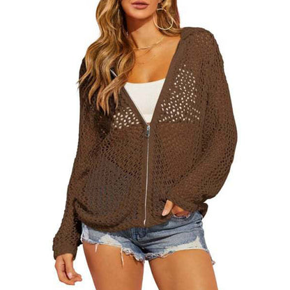 📢📢40% OFF !! ⏰2026 Women's Open-Knit Zip-Up Cardigan | Lightweight Hollow-Out Long Sleeve Sweater for Spring & Summer
