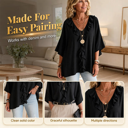 Trending Now⭐💫 Flowy V-Neck Top with Ruffle Accent – Versatile Solid Color That Pairs with Everything