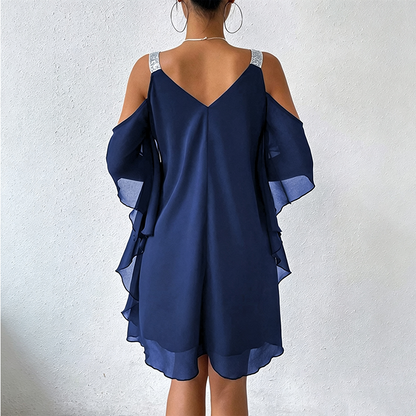 Women's Flowy Cold-Shoulder V-Neck Dress