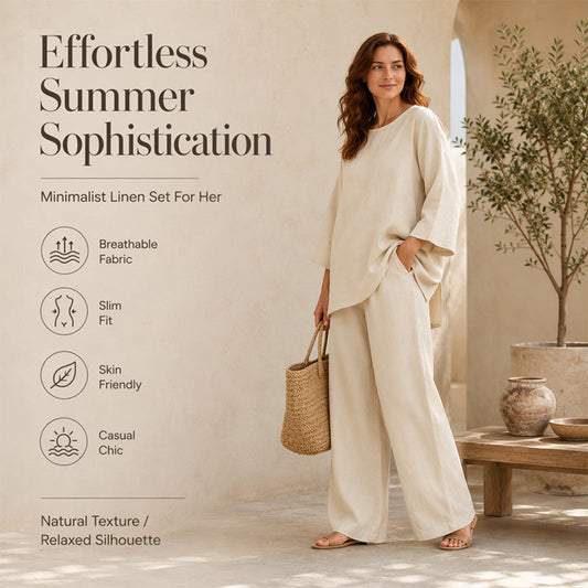 🍂 Late Summer: Women's Two-Piece Linen Blend Set, Casual Style ✨ Combining Comfort and Classic Style