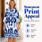Women Loose Print Short Dress Ruffle Hem Casual V-Neck Tunic