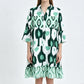 Women Loose Print Short Dress Ruffle Hem Casual V-Neck Tunic