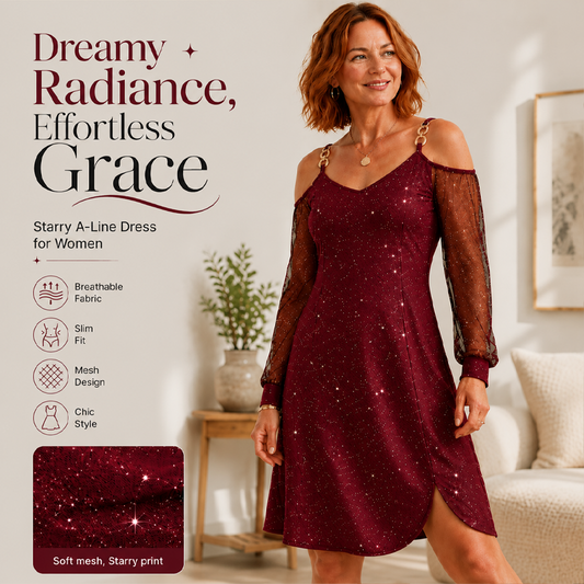 ⌛Limited-Time Offer-Women's Elegant Off-Shoulder Dress with Mesh Sleeves– Elegant, Feminine & Effortless💖