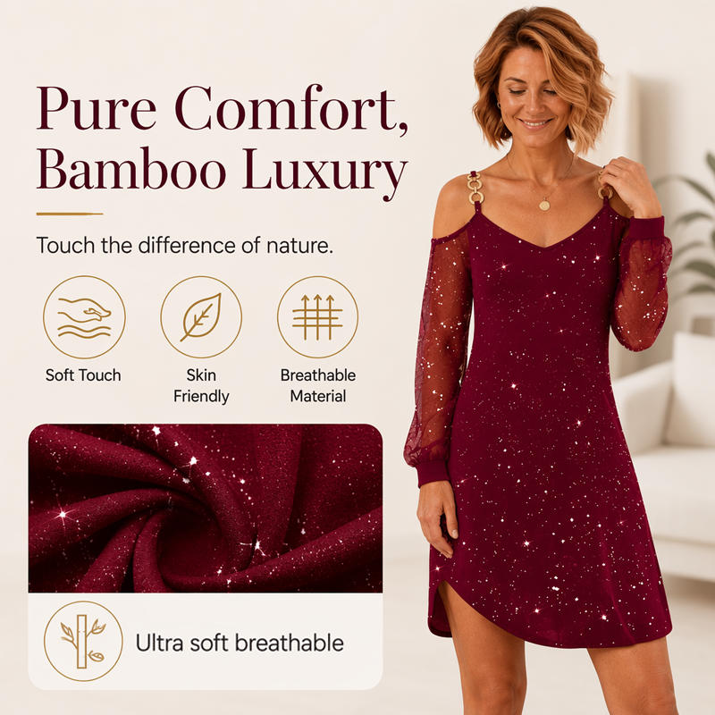 ⌛Limited-Time Offer-Women's Elegant Off-Shoulder Dress with Mesh Sleeves– Elegant, Feminine & Effortless💖