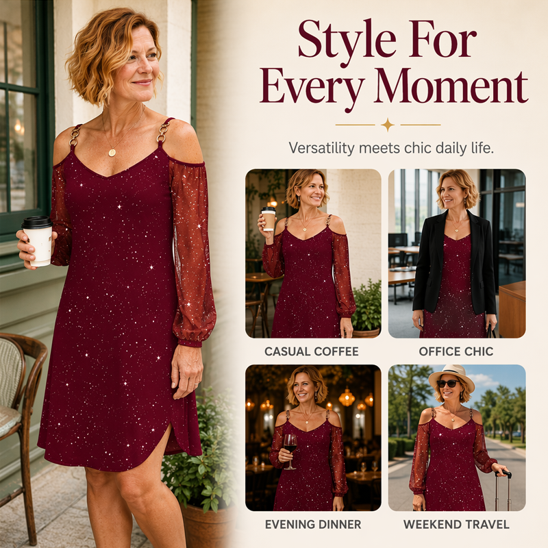 ⌛Limited-Time Offer-Women's Elegant Off-Shoulder Dress with Mesh Sleeves– Elegant, Feminine & Effortless💖
