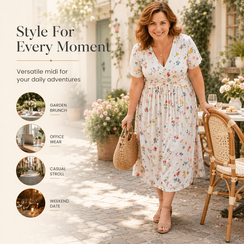 Women's V-Neck Floral Print Dress with Twist Waist