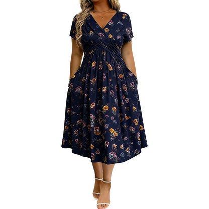 Women's V-Neck Floral Print Dress with Twist Waist