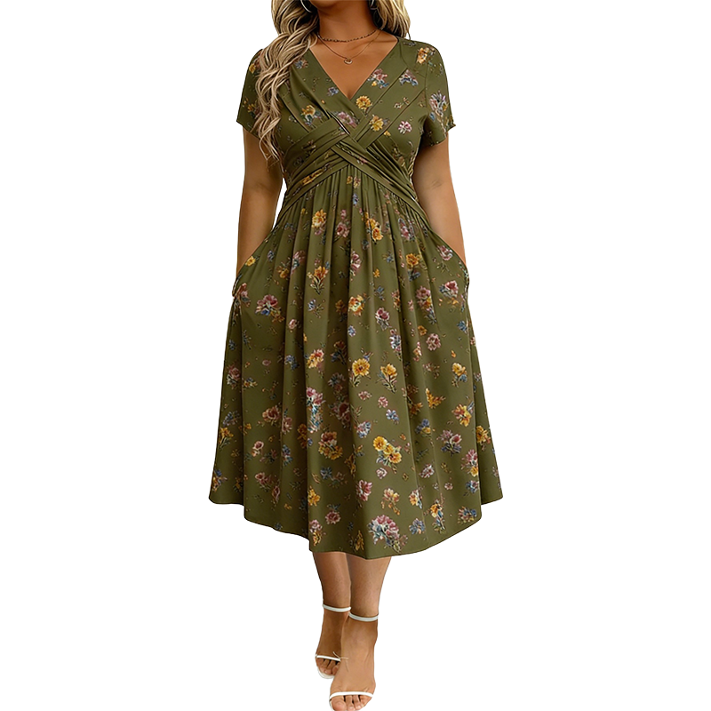 Women's V-Neck Floral Print Dress with Twist Waist